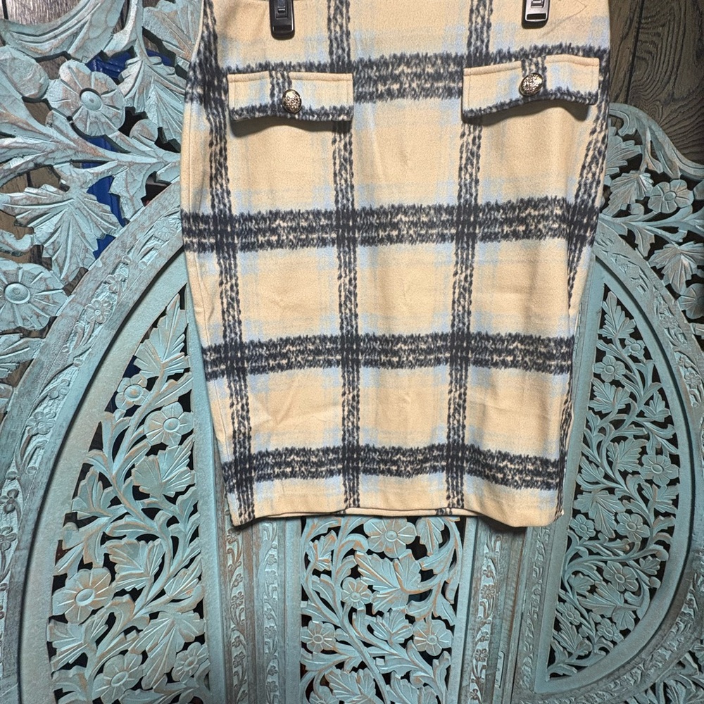 Wren New York Plaid Skirt in Cream and Light Blue